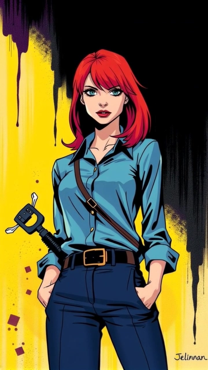 A young woman in a light blue blouse and navy slacks stands confidently, looking ahead with determination.