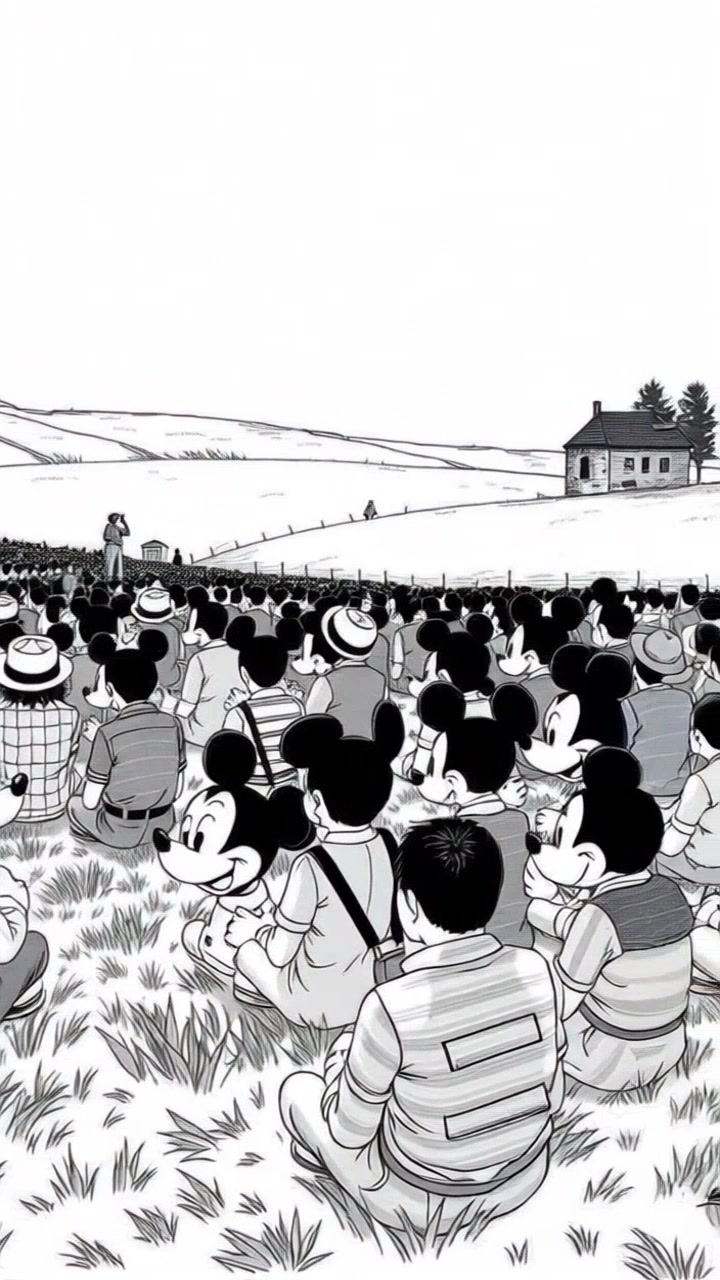 A large crowd gathering on a grassy hillside, with people of various ages and backgrounds sitting, listening intently.