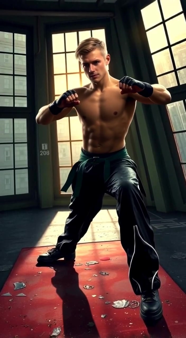 The fighter holds a steady stance, sunlight filtering through windows, casting dynamic shadows on the gym mat.