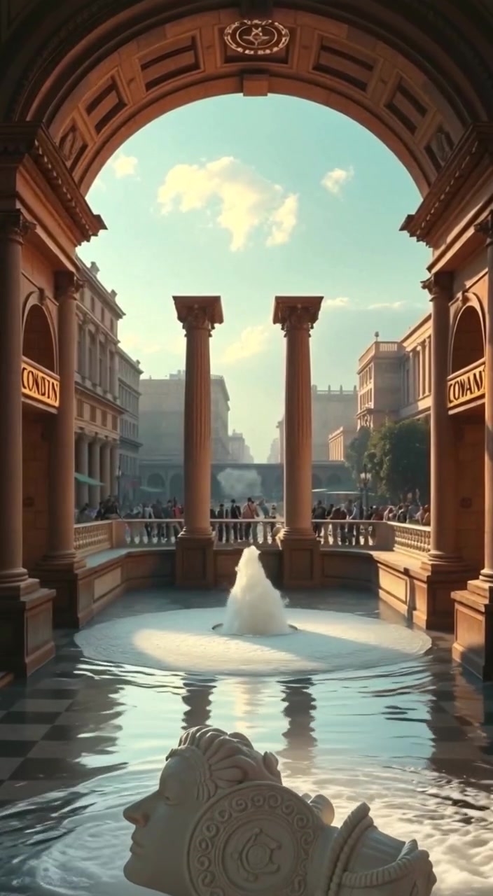 The Roman Baths, grand stone arches over large steaming pools filled with water.