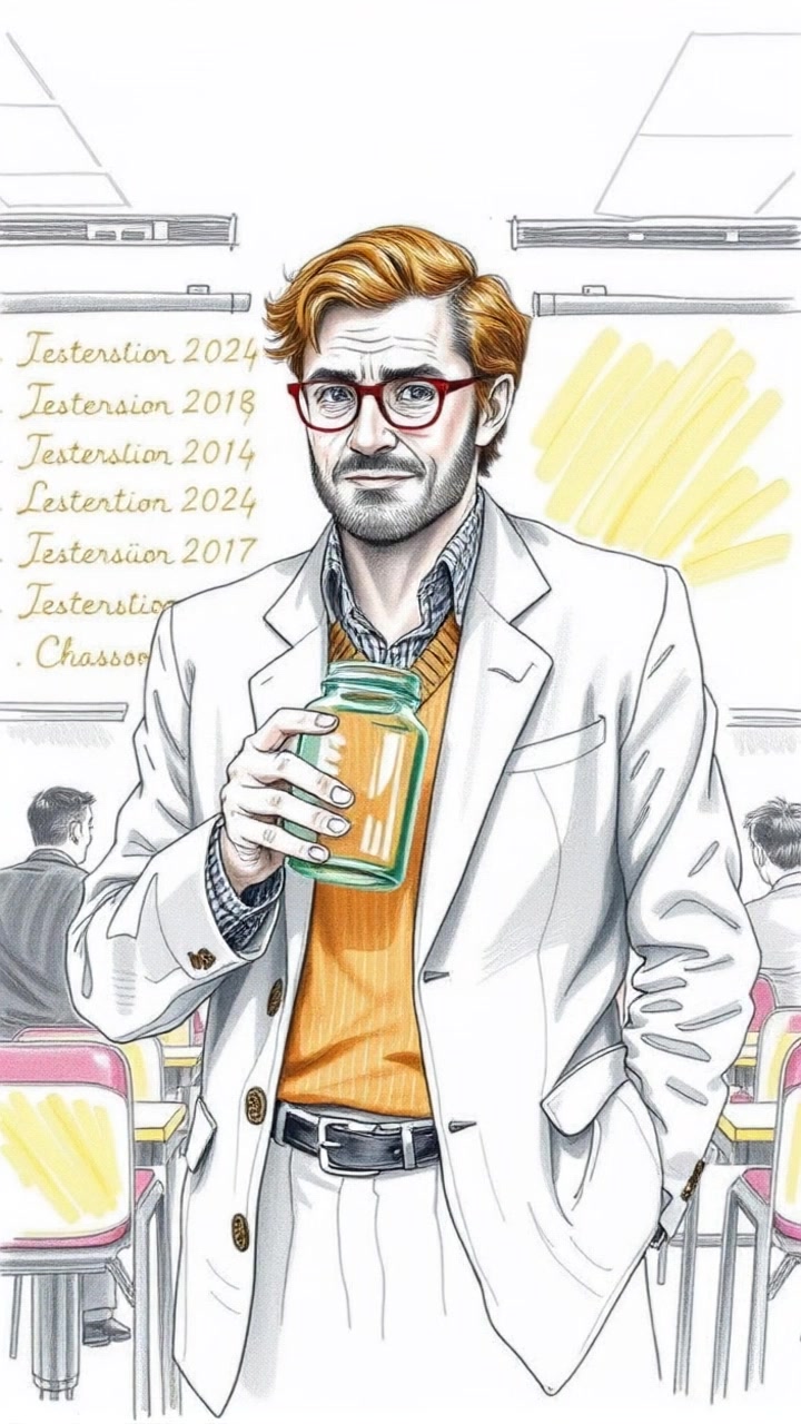 The professor in a tweed jacket stands at the front of a classroom holding an empty glass jar. Slow zoom in on the professor's focused expression as they start writing on the blackboard. Soft classroom lighting creates a scholarly and contemplative atmosphere.