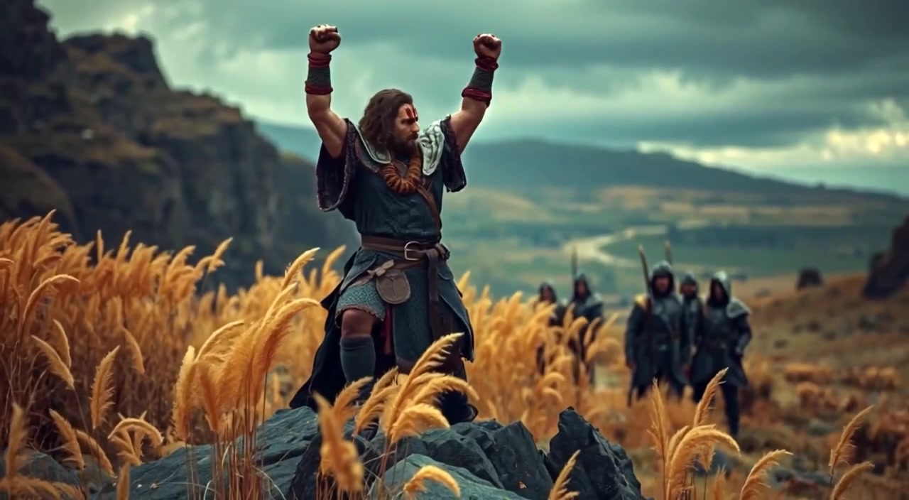 The man raises his arms in triumph, as the wind gently flutters his garments on the rocky outcrop.