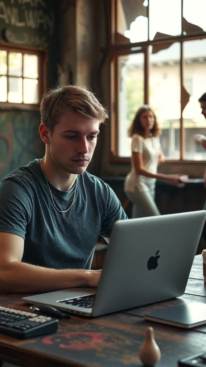Scene: The Narrator seated at a table, focused intently on his laptop, while family members in the background express curiosity. Style: Soft, warm lighting that creates an inviting atmosphere throughout the room. Motion: Camera performs a gentle push-in on the Narrator, capturing the family's expressions as they lean in, intrigued by the scene unfolding on the screen.