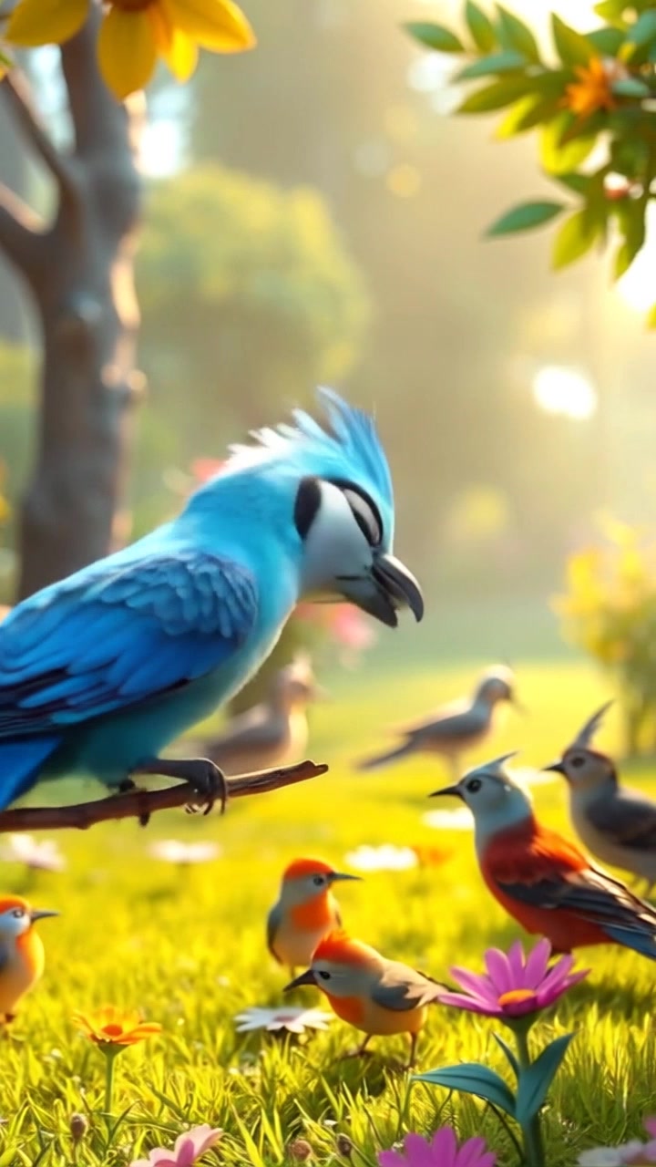 A close-up of Chidiya sharing seeds with other small birds in a bright, colorful garden.