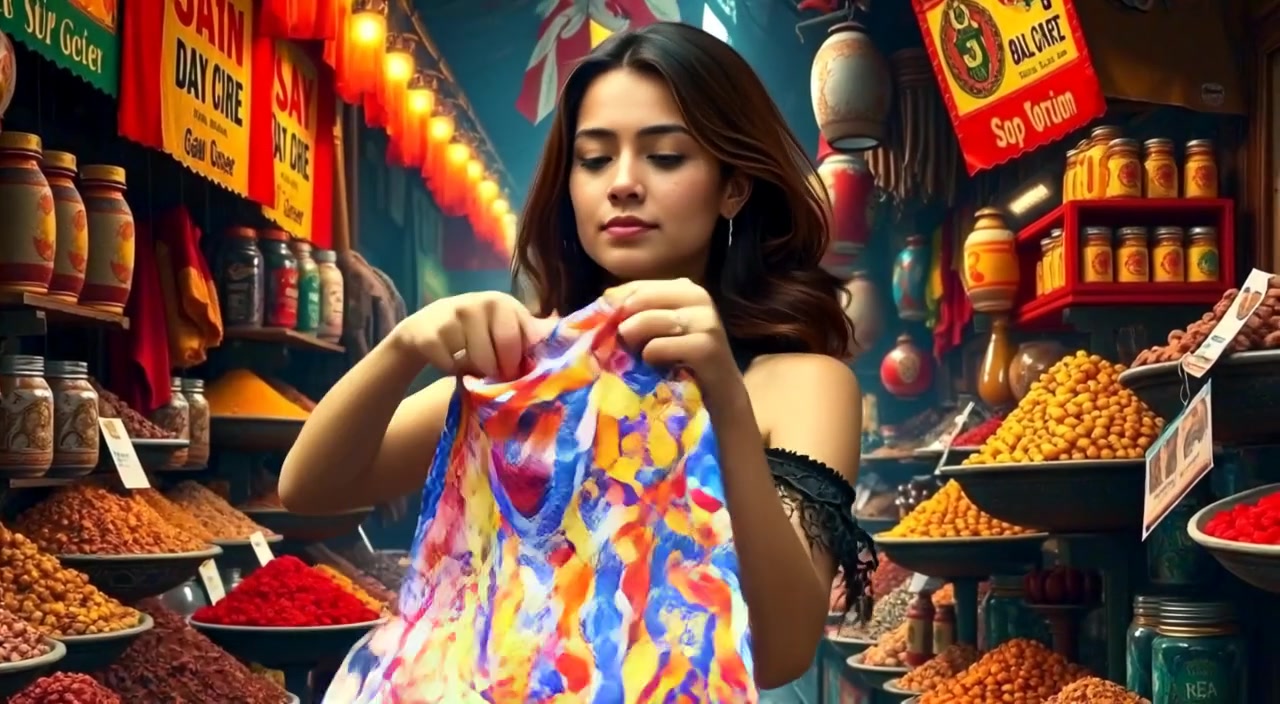 The woman gently picks up a colorful scarf, admiring its texture as the lively market buzzes around her.