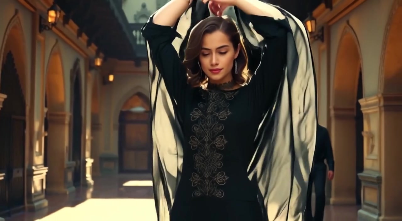 The woman gracefully adjusts her abaya while sunlight dances on the patterns in the courtyard.