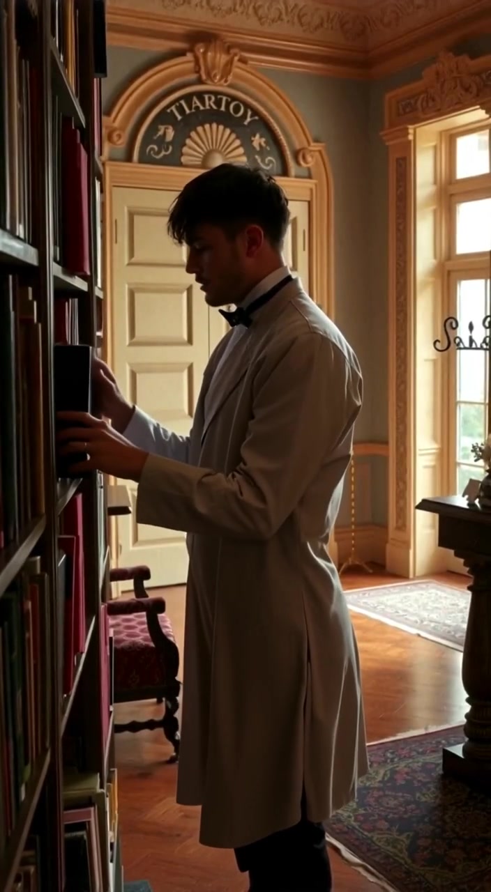 Jean Passepartout, now in a simple uniform, organizes books in a quiet, dimly lit study.