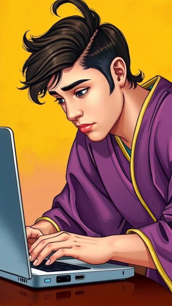 Subject (Rifki, a young man with dark hair and a focused expression, hunched over a laptop, his fingers flying across the keyboard. He wears a simple t-shirt and jeans.) + Subject movement (Rifki remains still, his eyes glued to the screen, only his fingers moving) + Scene (A dimly lit room, the only light source is the glow of the laptop screen, papers and books are scattered on the desk around him.) + (Camera Language (Close up shot focusing on Rifki's face and hands, slowly pushes in during the 5 seconds) + Lighting (The scene is predominantly lit by the cool blue light of the laptop screen, creating dramatic shadows) + Atmosphere (Intense, focused, slightly moody))