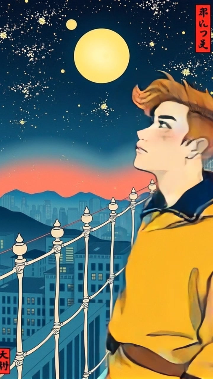 Scene: A serene rooftop overlooking a dazzling city skyline, with twinkling stars illuminating the night sky. Style: Cool, soft moonlight with contrasting warm city lights reflecting off the buildings. Motion: The camera slowly pans from the boy gazing up in wonder, transitioning to a wide shot that reveals the expansive skyline, capturing the peaceful ambiance of the night.