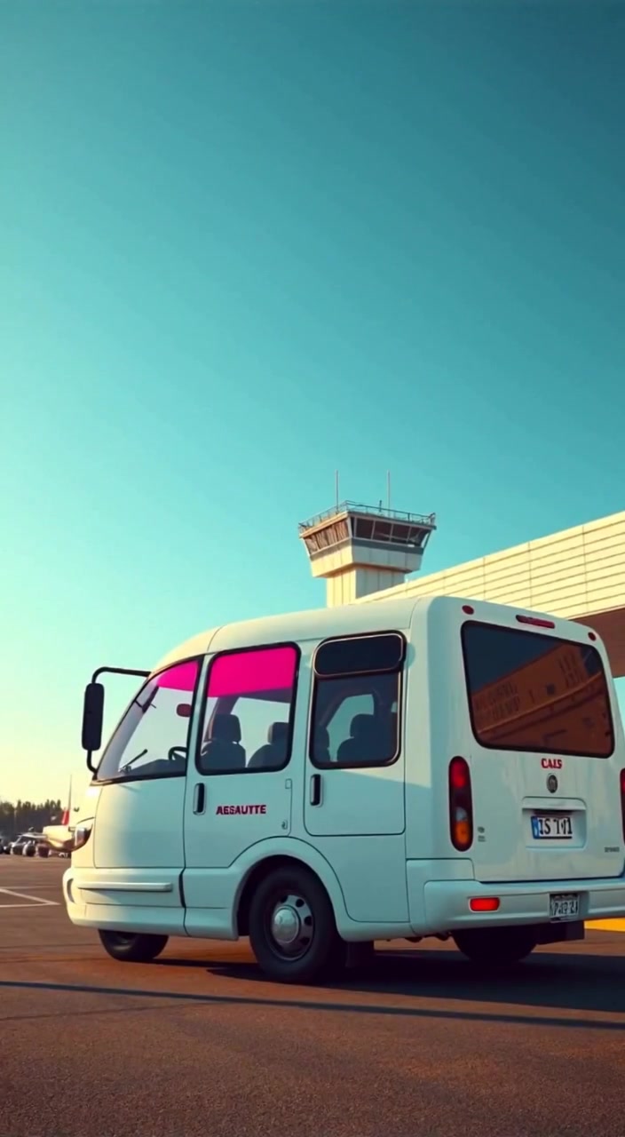 A white mini bus gently sways in the warm breeze under a clear blue sky outside the airport.