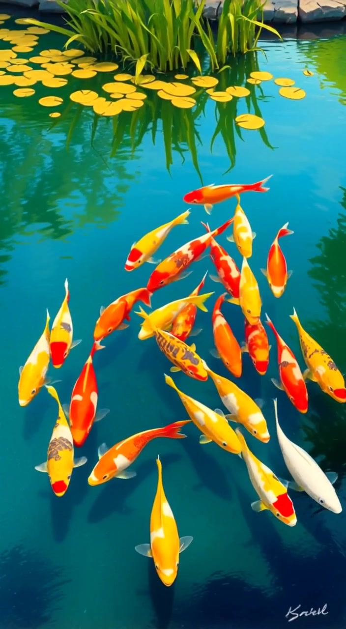 Colorful fish gently swim near the water's surface, surrounded by lush greenery and softly rippling water.