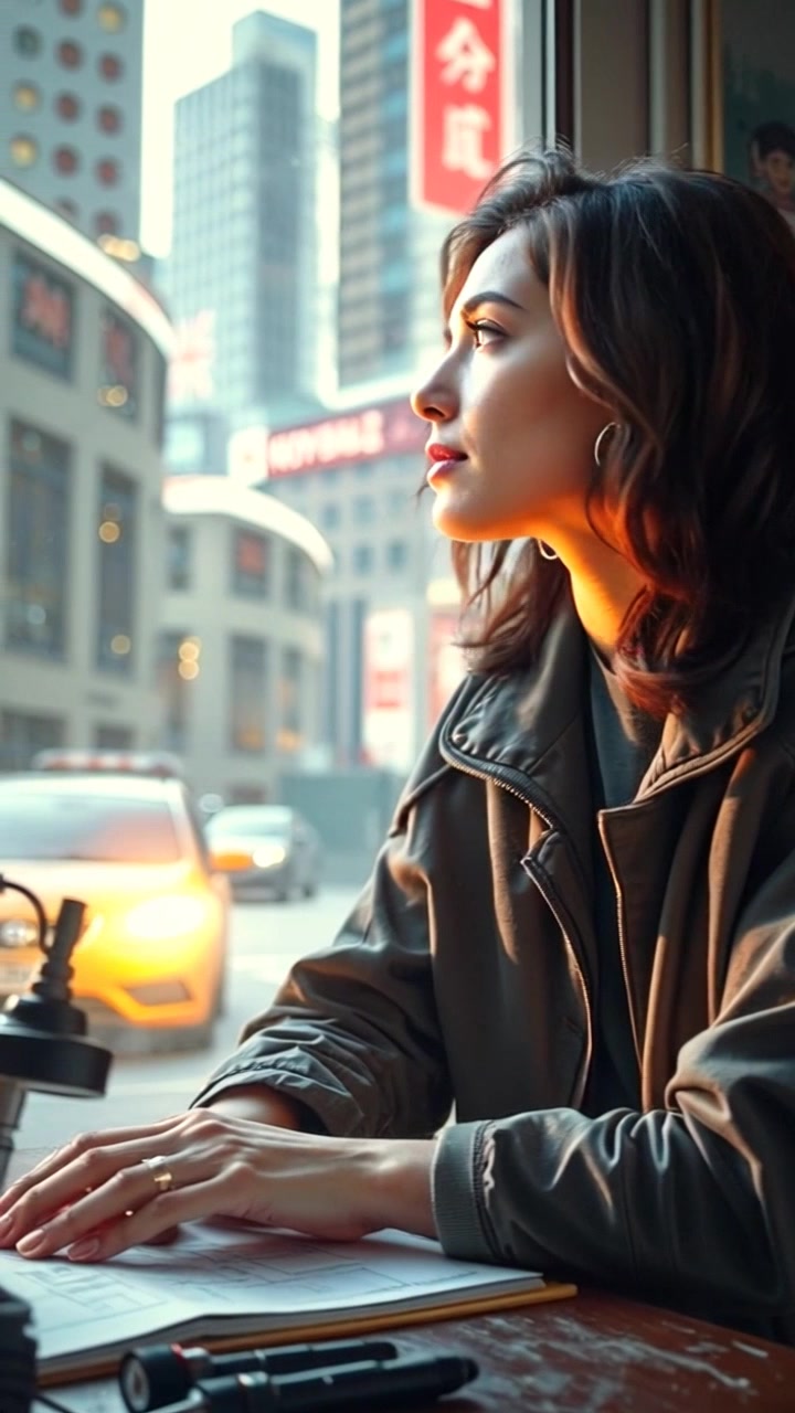 Subject: A young woman sitting at a desk filled with sketches, gazing out the window with a determined expression. Subject movement: She shifts slightly in her chair, her hands moving to adjust the sketches on the desk. Scene: A cozy workspace illuminated by soft afternoon light, with sketches scattered across the desk and a view of a vibrant cityscape through the window. Motion: Camera slowly pans in on her focused face, then transitions to a close-up of the sketches, capturing the intricate details. Lighting: Soft, warm daylight filtering in, creating a tranquil and inspiring atmosphere.