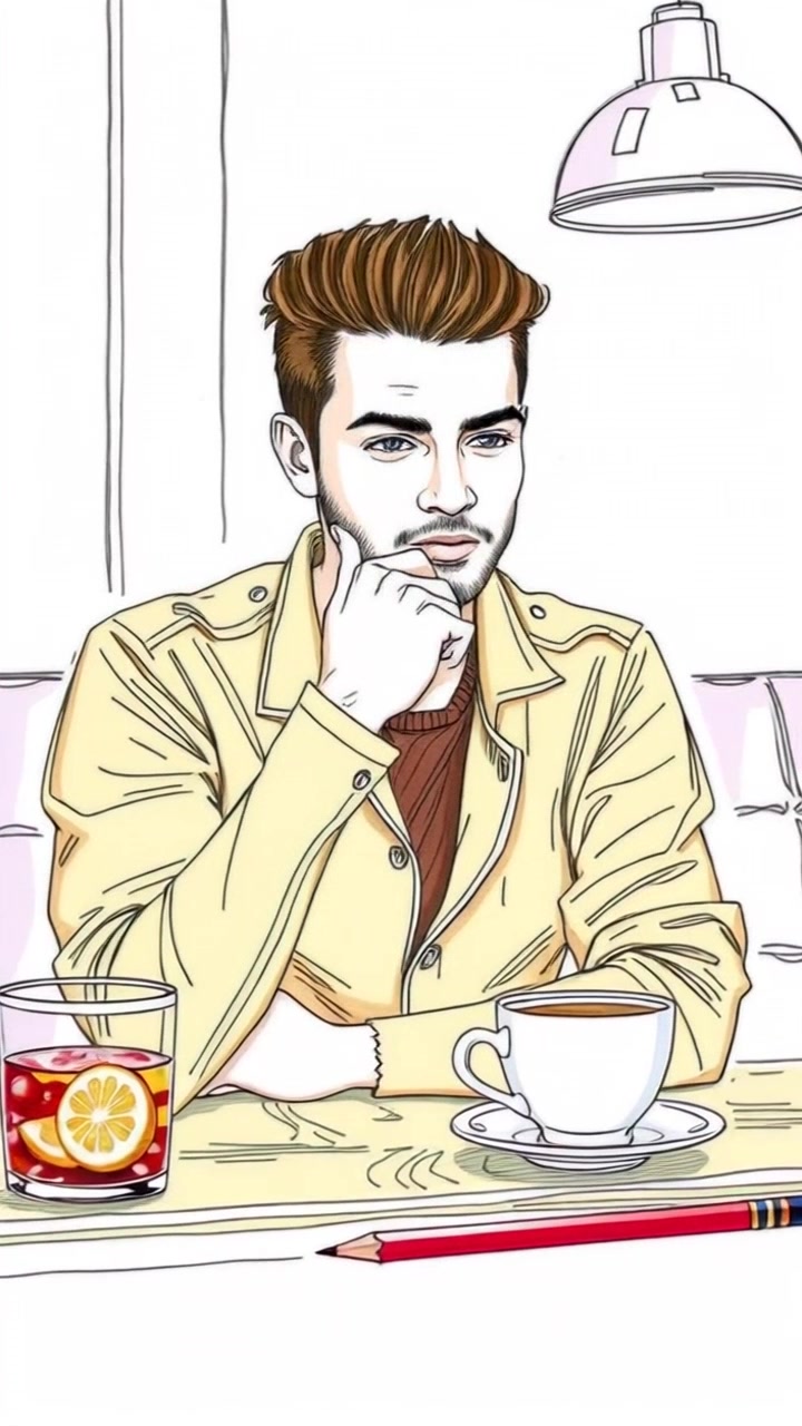 Subject: A young man seated at a wooden table. Subject movement: He remains still, embodiment of concentration with a focused expression, resisting the allure of snacks and coffee. Scene: A cozy, warmly lit café setting, with rustic wooden furniture and soft ambient lighting creating an inviting atmosphere. Motion: The camera slowly zooms in on his thoughtful face from a mid-range shot, emphasizing his resolve amidst the surrounding café ambiance.