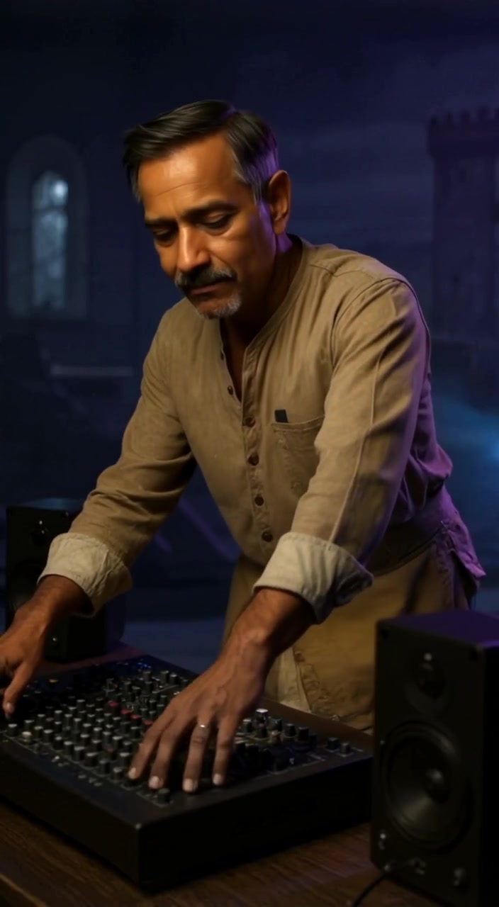 The man gently adjusts the volume knob on the sound mixer, focused on the equipment in the background.