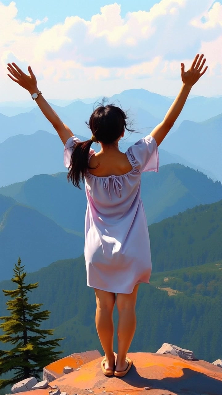 Subject: You standing on a hilltop with arms raised, embracing the vastness of the landscape. Subject movement: The figure sways gently in the breeze, conveying a sense of freedom and connection to nature. Scene: A breathtaking view from the hilltop, overlooking lush forests and majestic mountains under a clear blue sky. Lighting: Bright, natural sunlight illuminating the scene with vibrant colors. Motion: The camera performs a sweeping aerial shot, starting from behind to capture the expansive view, then transitions to a close-up of your face, capturing the emotion of the moment.