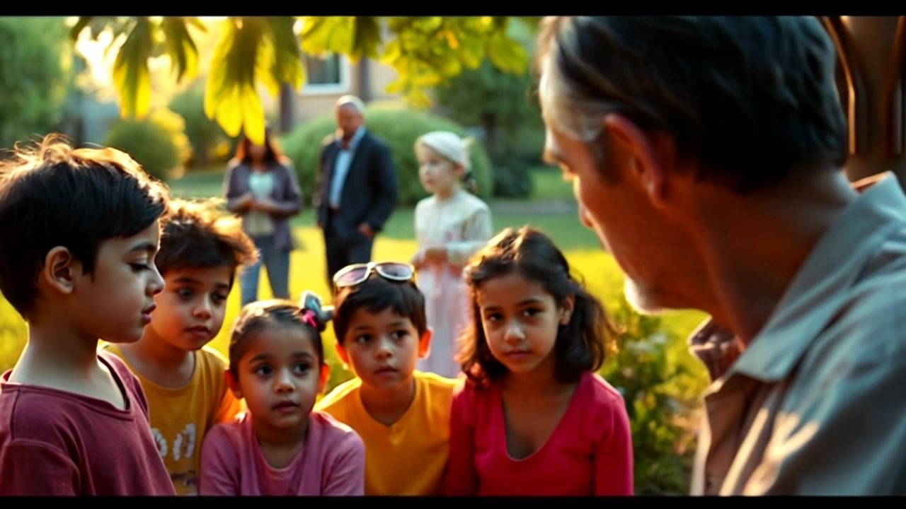 Scene: In a sunlit garden, Jesus Christ teaching a small group of attentive children, surrounded by vibrant flowers and greenery. Style: Soft, morning light filtering through leaves creates a warm, inviting atmosphere. Motion: The camera slowly pushes in on the gathering, capturing the children's expressions of wonder and curiosity as they listen intently.