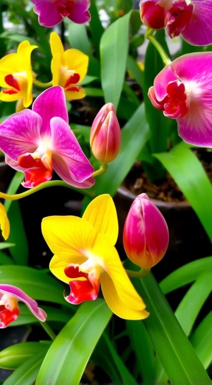 A gentle breeze sways the blooming orchids amidst lush greenery, petals shimmering in vibrant colors.