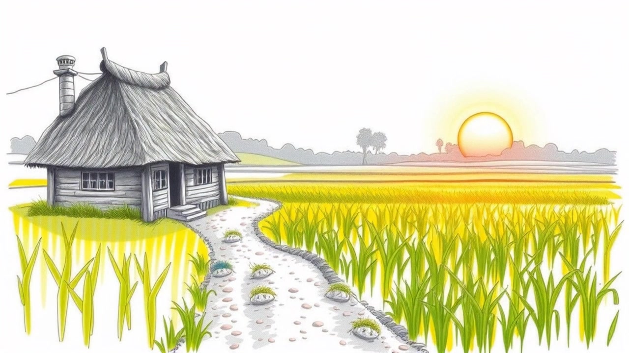 A serene village scene at sunrise, with a small thatched-roof house and lush green fields surrounding it. A dirt path leads through the fields.