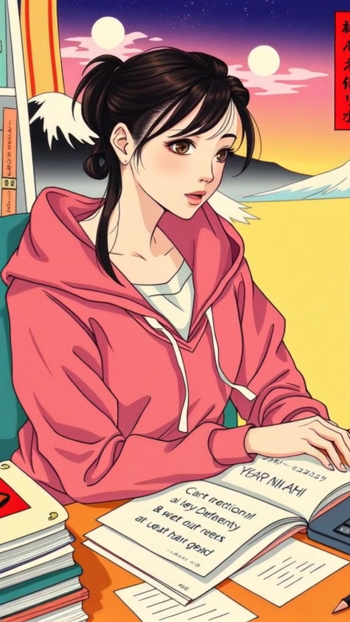 Subject (Pink hoodie, Papers scattered around, Sitting at a desk, Brown hair in a ponytail) + Subject remains still + Scene (Home office with bookshelves and a large window) + Push in + Soft morning light filtering through the window + Cozy atmosphere