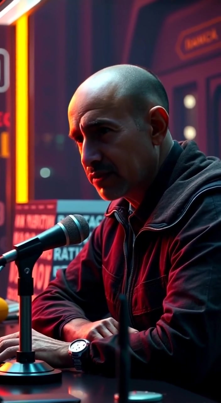 The man leans closer to the microphone, passionately expressing his thoughts with intensity.