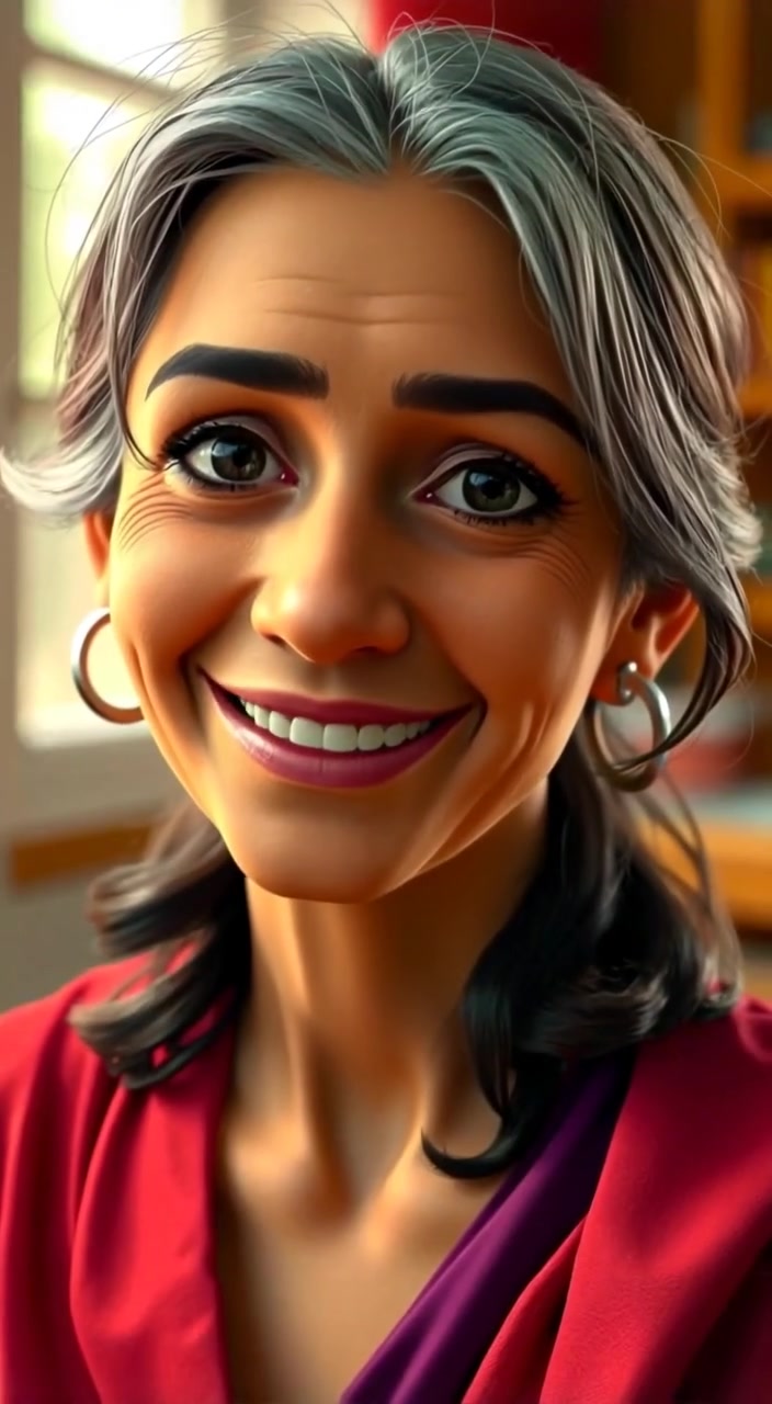 The woman smiles gently, her face illuminated by warm, natural light streaming through a nearby window.