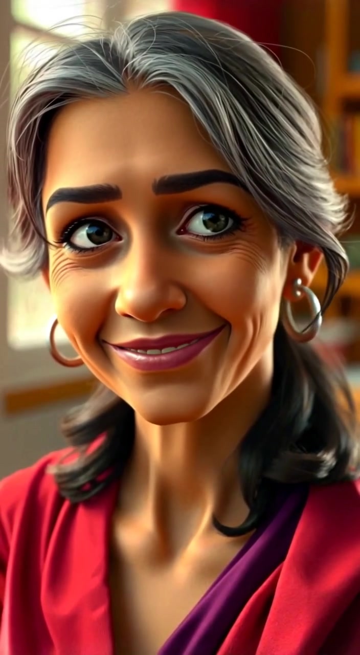 The woman smiles warmly, her hair gently swaying in the soft light of a sunlit room.
