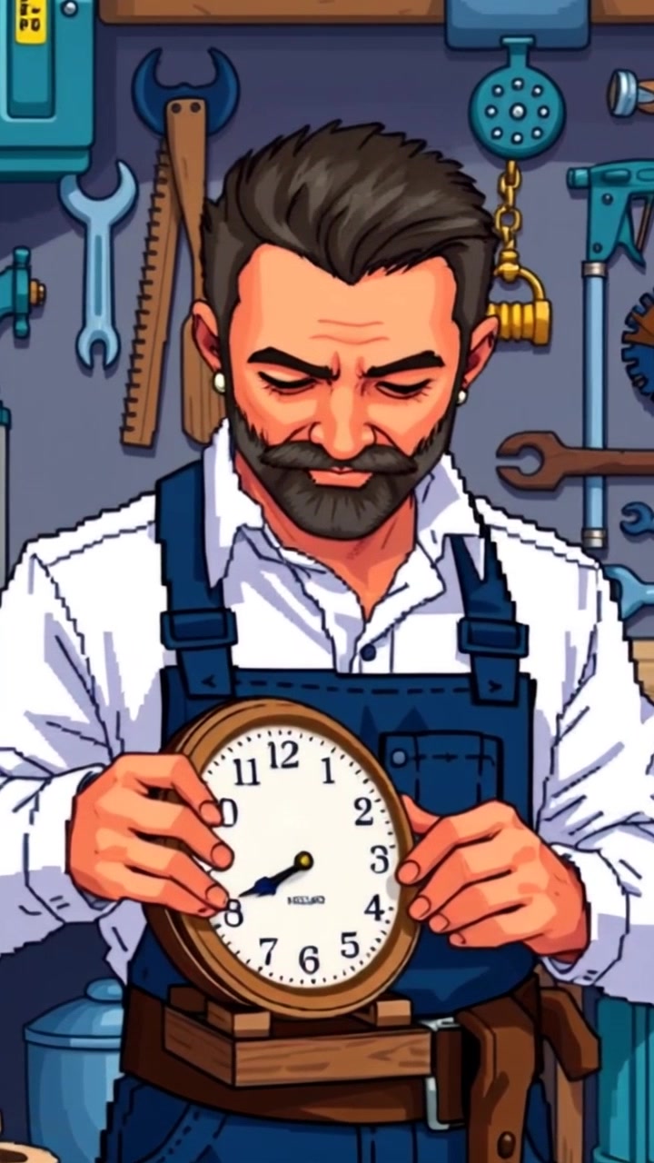 A man with a distinguished silver beard holds an antique clock, admiring its intricate details in a cluttered workshop filled with vintage tools. The camera zooms in slowly on the man's face, capturing his fascination. Dim ambient lighting adds a touch of mystery to the scene.
