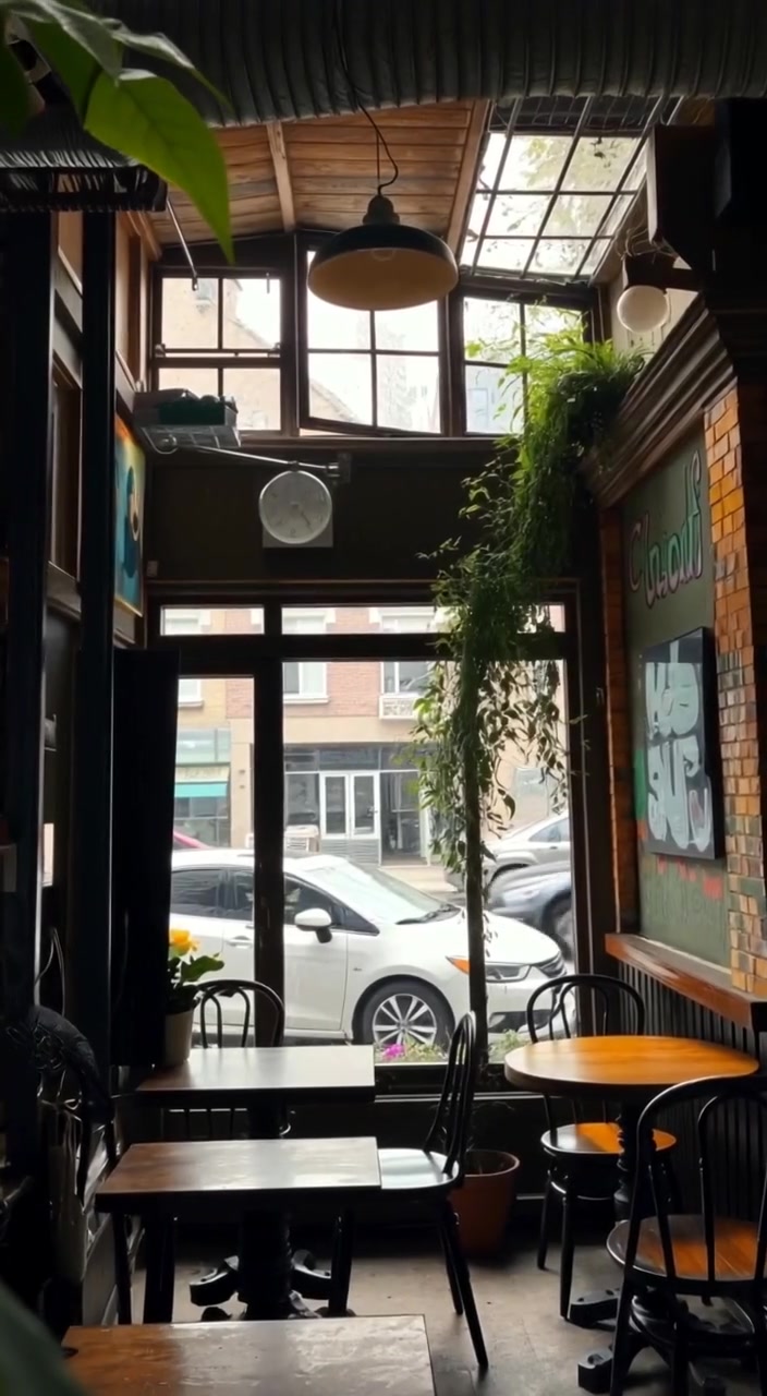 Steam gently rises from a coffee cup, while sunlight streams through the window, illuminating the cozy shop interior.