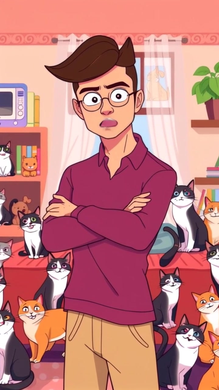 Subject: A woman with an exasperated expression, standing with crossed arms. Scene: A well-organized living room filled with warm, inviting decor and plants. Style: Ambient lighting creating a cozy atmosphere, with soft shadows enhancing the room's details. Motion: The camera slowly pushes in toward the woman, capturing her expression as she exhales in frustration, the background subtly blurring to keep the focus on her.