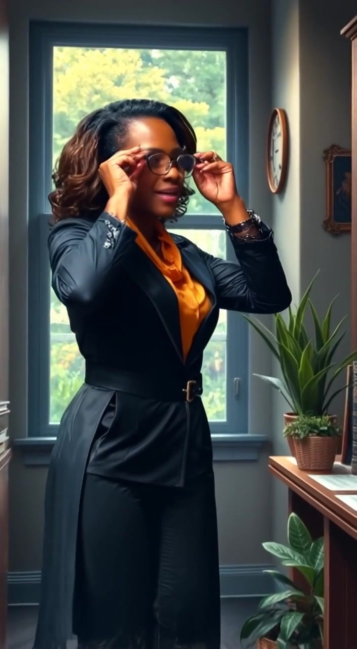 The woman adjusts her glasses, surveying the room with a confident smile in the stylish modern office.