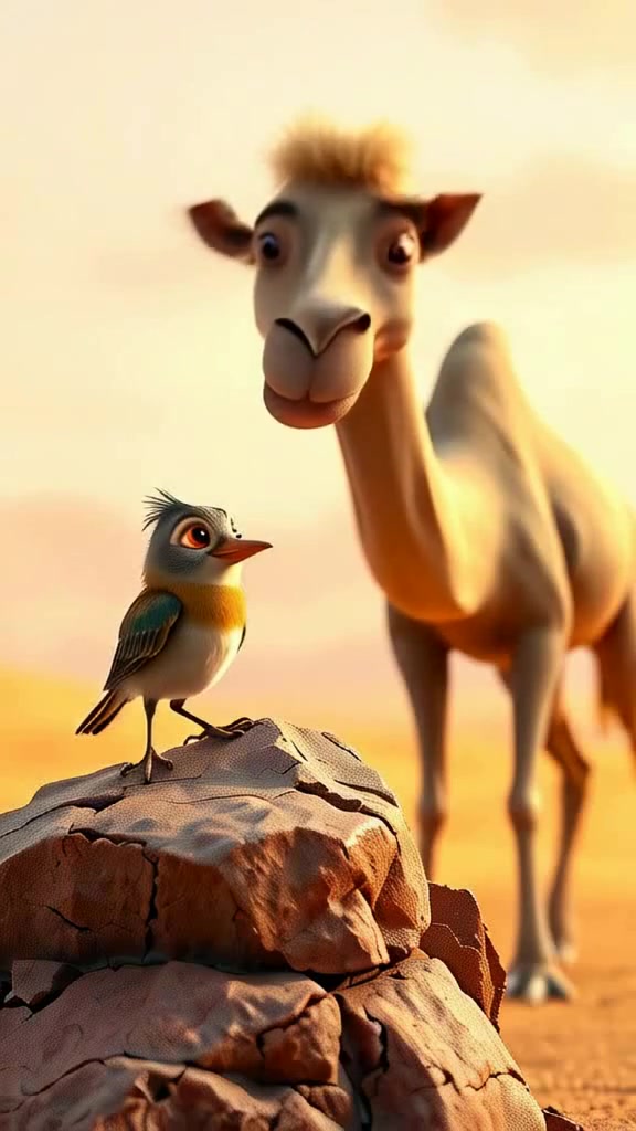 صداقة العصفور والجمل في الصحراء
