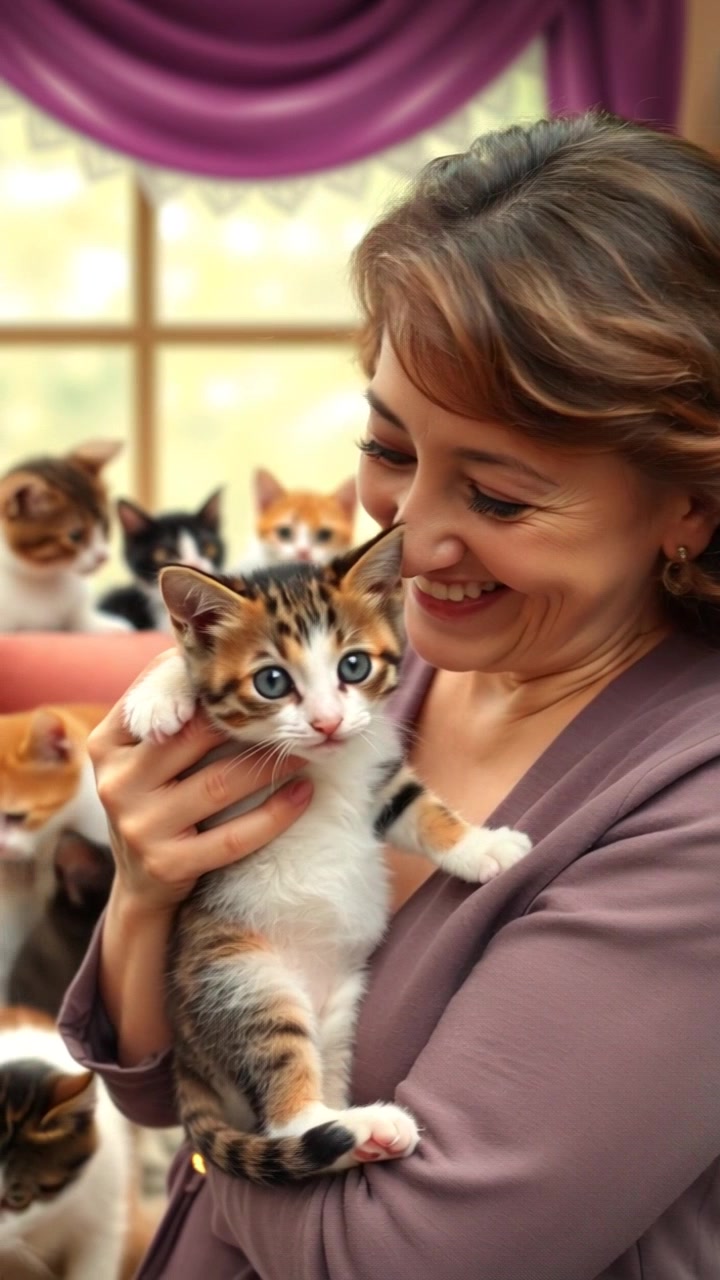 Subject: A joyful person holding a tiny kitten, smiling at its adorable little face. Subject movement: The person gently shifts the kitten closer, radiating warmth and affection. Scene: In a cozy living room filled with soft cushions and warm lighting. Style: Soft, ambient light creating a welcoming atmosphere. Motion: The camera slowly zooms in on their faces, capturing the delighted expressions as the person playfully interacts with the kitten.