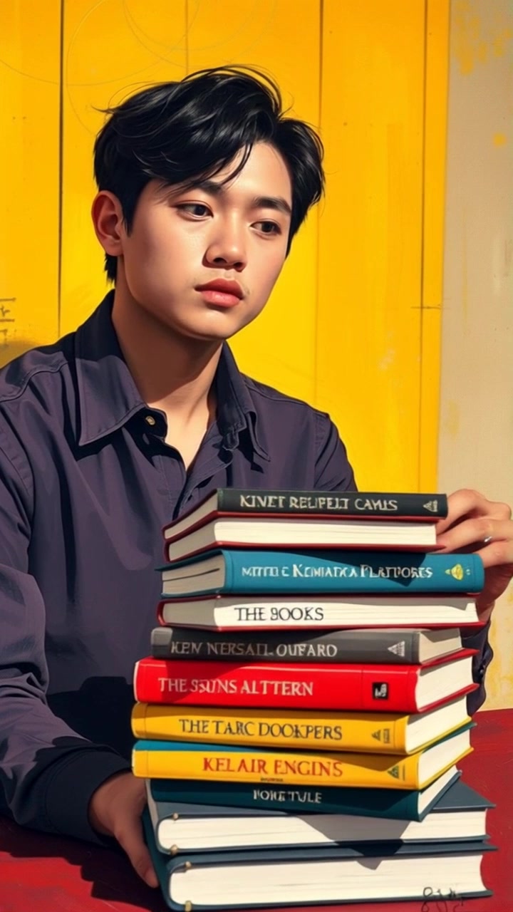 Scene: A dramatic table setting featuring a stack of art books with vibrant covers, scattered artist tools nearby, and a soft-focus background of a cluttered studio. Style: Mood lighting casts deep shadows and highlights the textures of the worn books. Motion: Camera performs a slow, dramatic push in towards the stack of books, revealing their colorful spines in detail, while the background blurs further, enhancing the focus on the art implements.