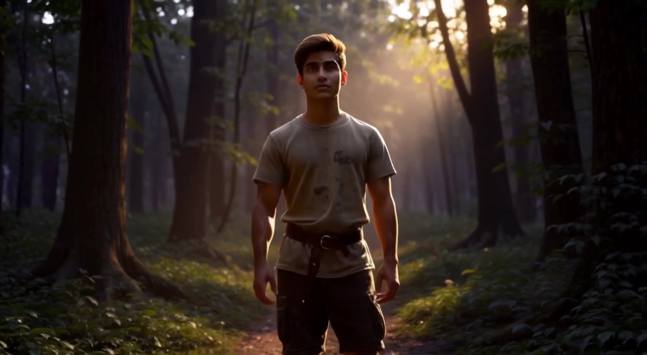 A beam of light gently shines through tree branches, illuminating the path where the boy stands, ready to move forward.