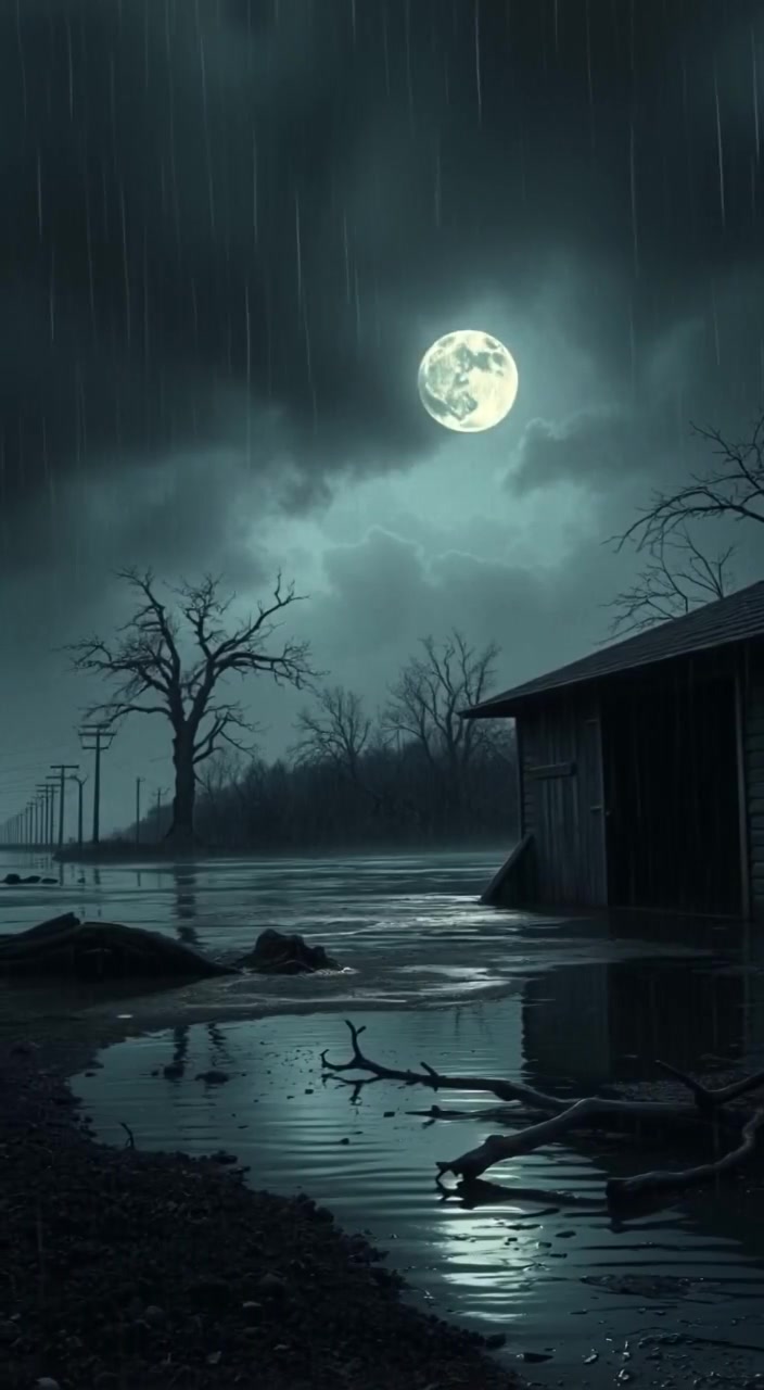 Raindrops patter gently on the cracked earth as dark clouds swirl overhead in the stormy sky.