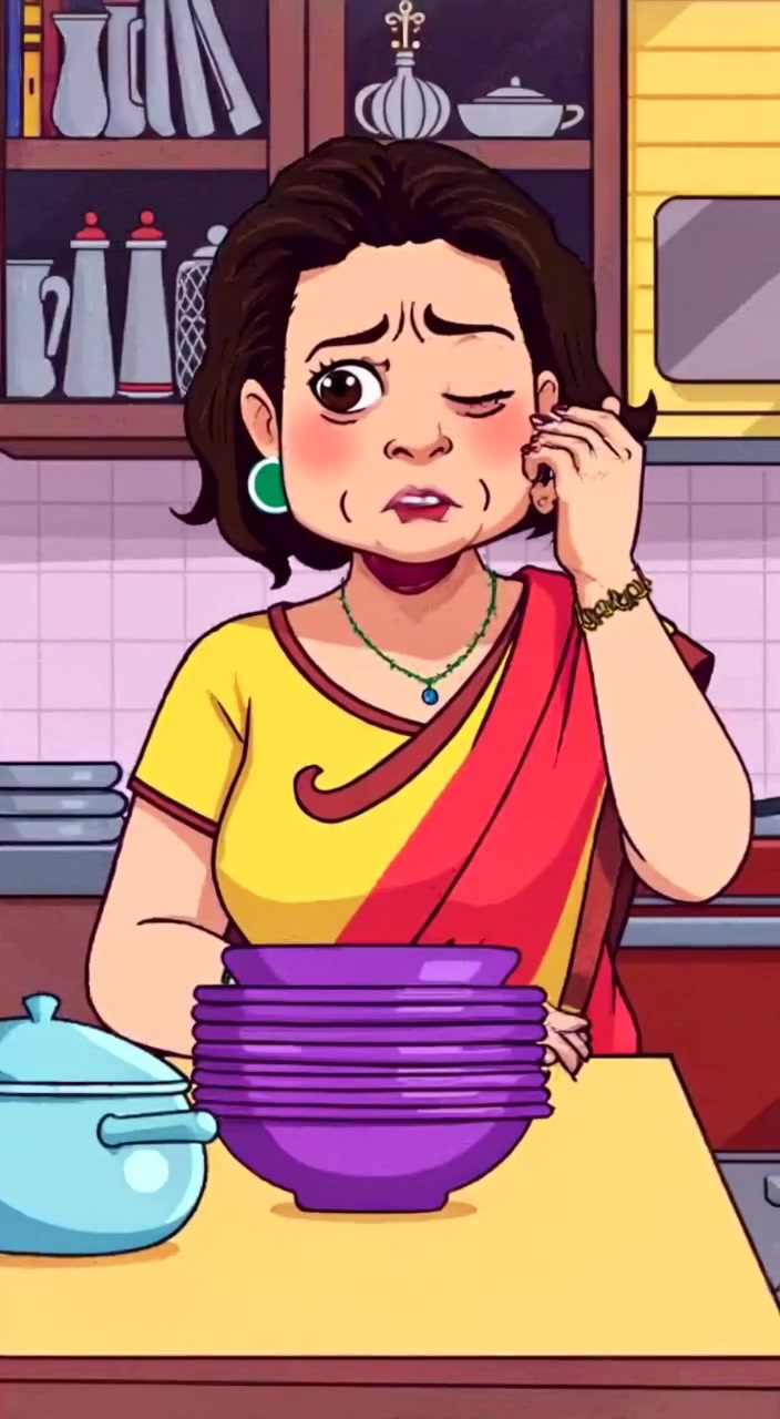 The woman sighs deeply, slowly running her fingers through her hair while staring at the messy pile of dishes.