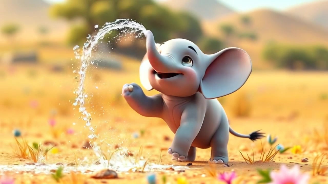 The Playful Baby Elephant and the Blooming Meadow