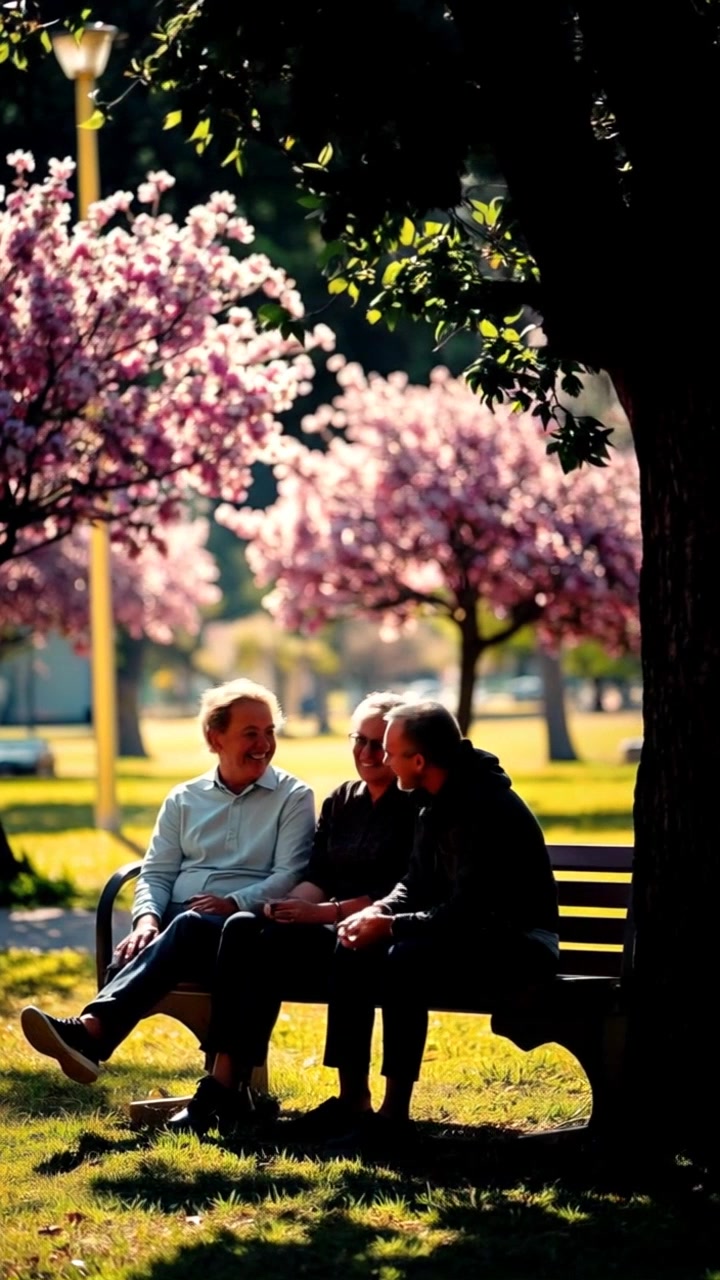 Subject: A person with casual attire, joyful expression, sitting on a bench in a sunny park surrounded by blooming flowers. Subject movement: The person is smiling and sharing a laugh with friends, exuding a carefree vibe. Scene: Lush park setting with vibrant flowers in full bloom, friends interacting animatedly on the bench. Camera language: Gentle push-in shot towards the group on the bench, capturing their laughter and camaraderie. Lighting: Soft, natural sunlight filtering through the leaves, creating dappled patterns on the ground. Atmosphere: Warm and inviting ambiance, fostering feelings of happiness and friendship.