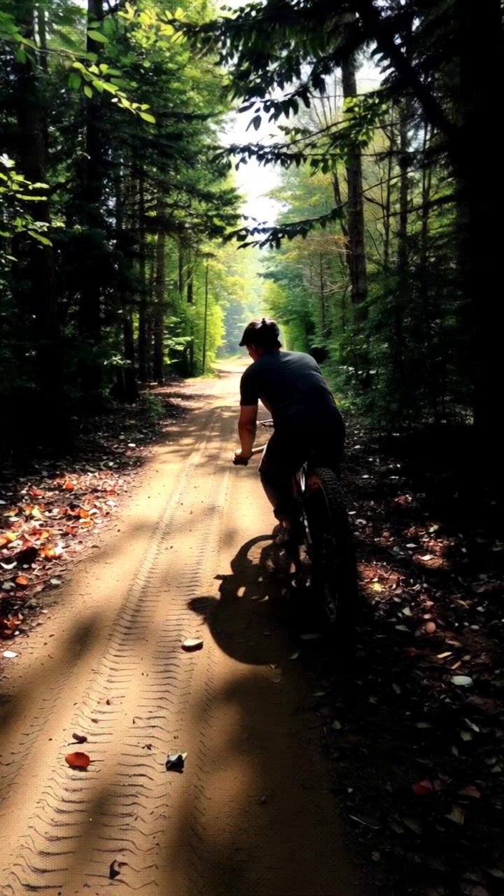Subject: Mountain bike with dusty tires parked on a dirt path in a dense forest, surrounded by towering trees and fallen leaves. Subject Description: Sturdy build, worn-out tires with mud splatters, rugged appearance. Subject Movement: Stationary. Scene: Lush green forest with sunlight filtering through the canopy, creating dappled light patterns. Scene Description: Earthy tones, natural surroundings, hints of wildlife. Camera Language: Slow push-in shot on the mountain bike, revealing intricate details of the weathered frame and handlebars. Lighting: Soft, dappled light filtering through the leaves, casting gentle shadows on the forest floor. Atmosphere: Serene, tranquil, showcasing nature's raw beauty and the thrill of outdoor adventure.