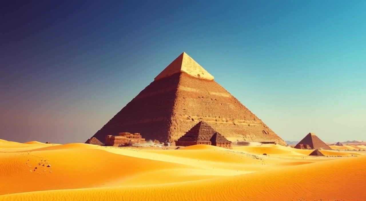 Gentle winds shift sand across the dunes near the Great Pyramid under a bright blue sky.