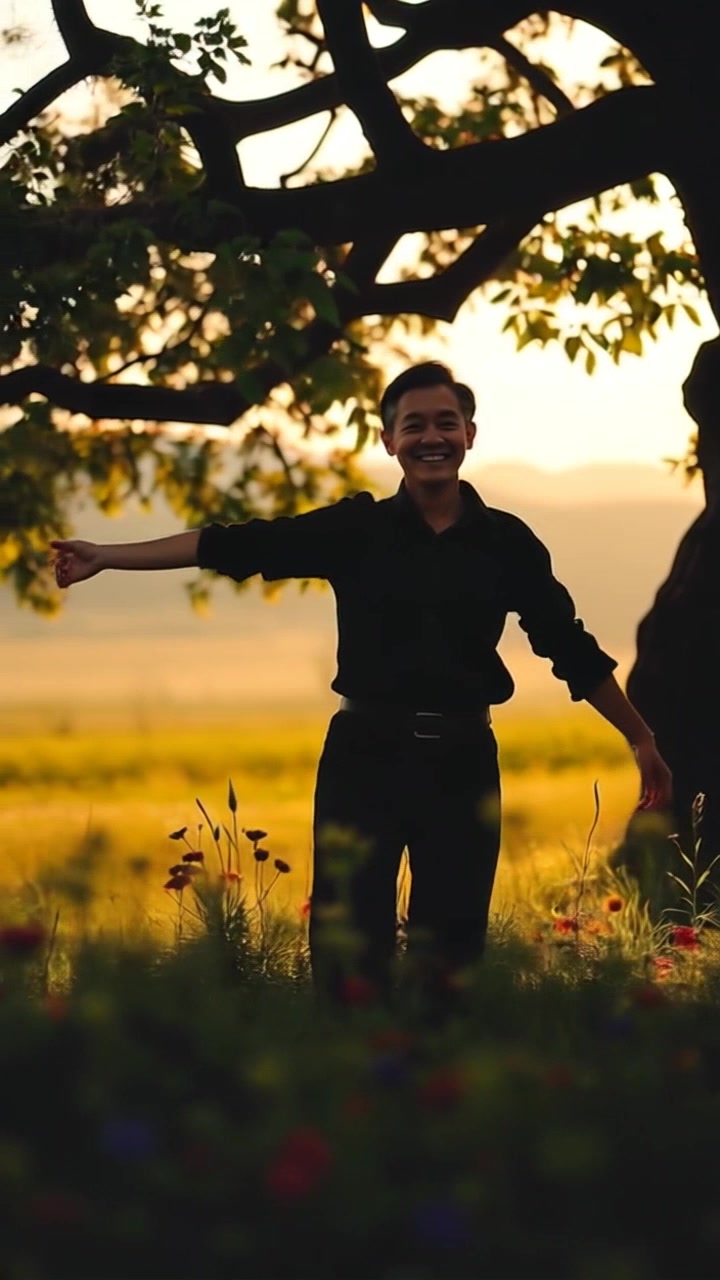 Subject: A person stands joyfully under a large tree, surrounded by colorful flowers in a sunlit meadow. Subject movement: They twirl playfully, arms outstretched, with a bright smile. Scene: A vibrant meadow filled with blooming flowers and a majestic tree, set against a clear blue sky. Style: Warm, sunny lighting creating an inviting atmosphere. Motion: The camera smoothly pans around the subject, capturing their carefree movement as the flowers sway gently in the breeze.