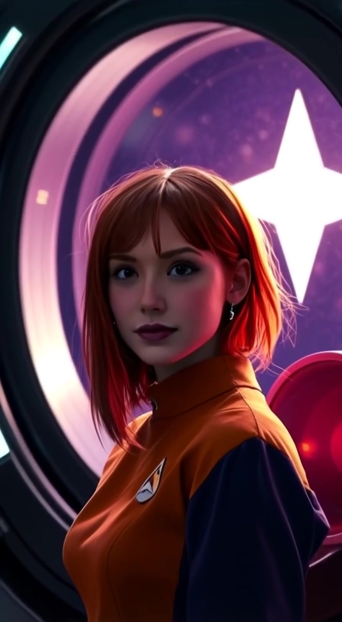 Juliet gently gazes out the porthole, a glowing star reflecting softly in her eyes.