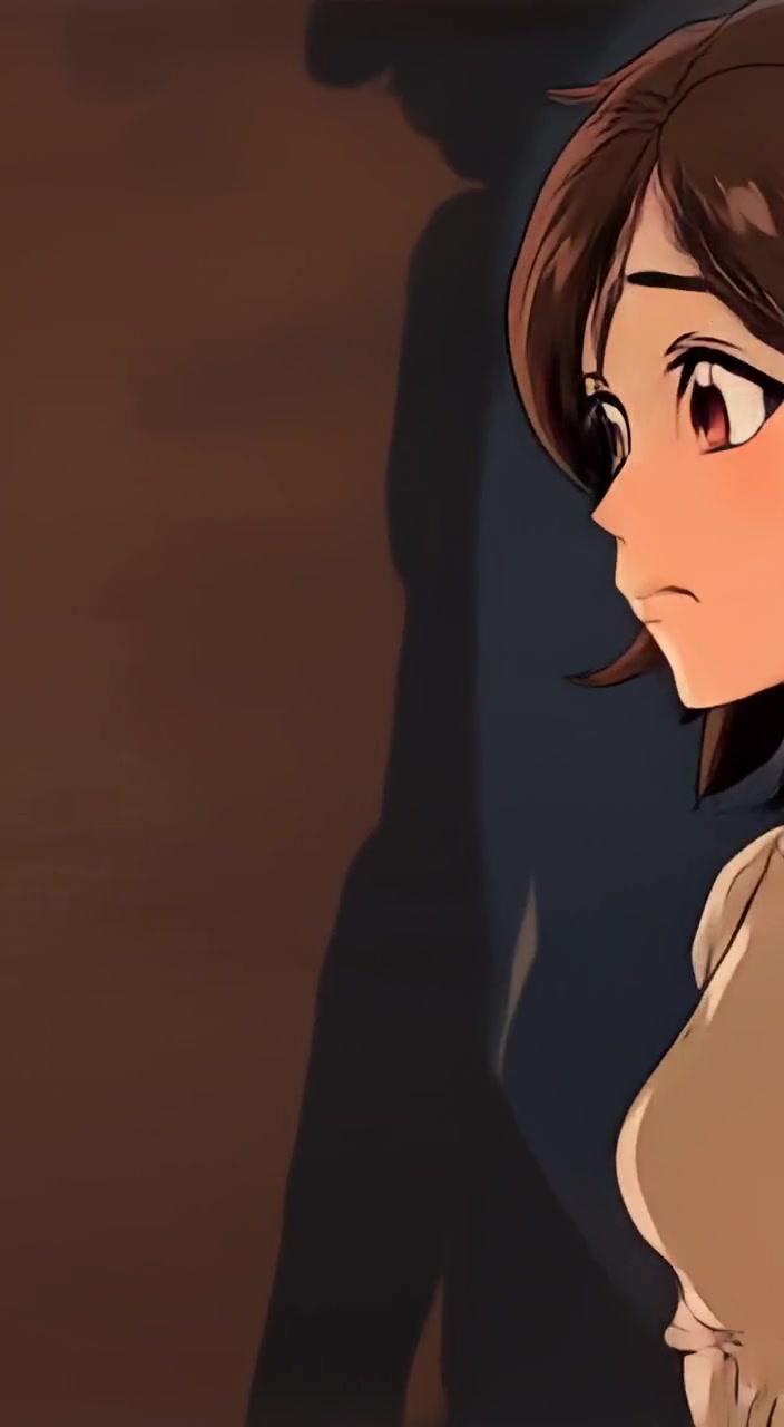The woman glances over her shoulder, her expression tense as shadows flicker behind her, evoking fear and uncertainty.