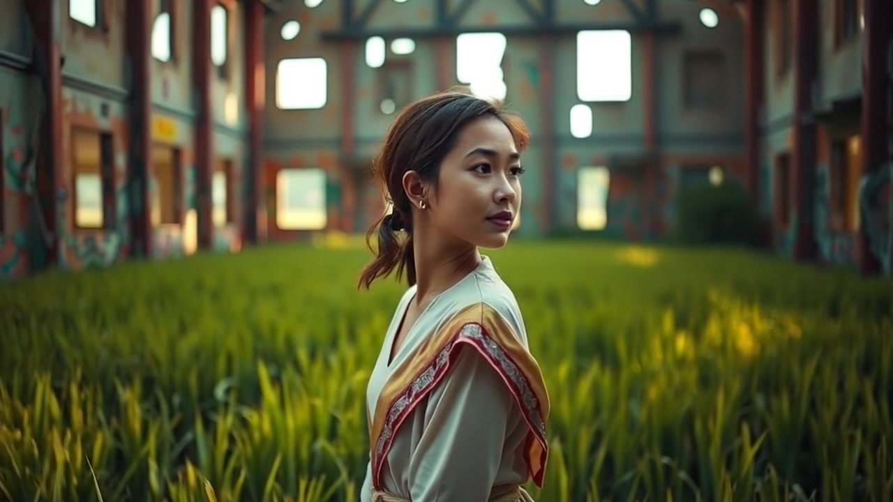 Subject: An Indonesian woman in traditional clothing. Subject movement: She stands still in a lush rice field, gazing thoughtfully into the distance. Scene: Vibrant rice field with towering green stalks and distant hills under a bright sky. Style: Soft, natural daylight illuminating the landscape with gentle shadows. Motion: The camera slowly zooms in on the woman’s serene expression, capturing the peacefulness of the surroundings as a light breeze rustles the rice plants.