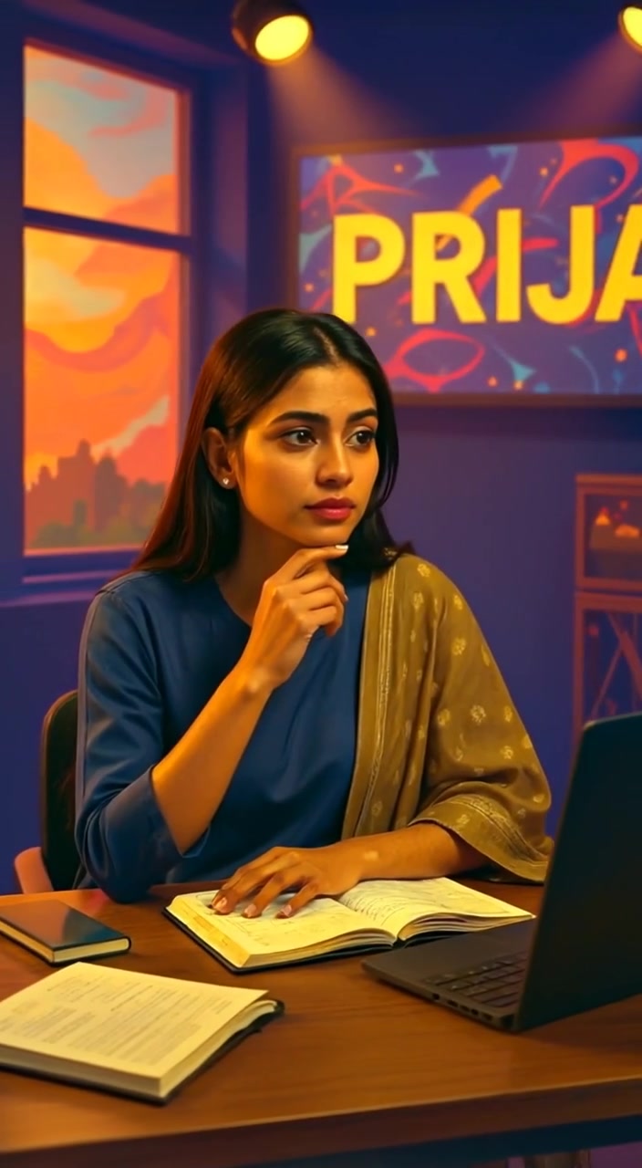 The woman gazes thoughtfully out the window, sunlight gently illuminating her desk cluttered with notebooks and a laptop.