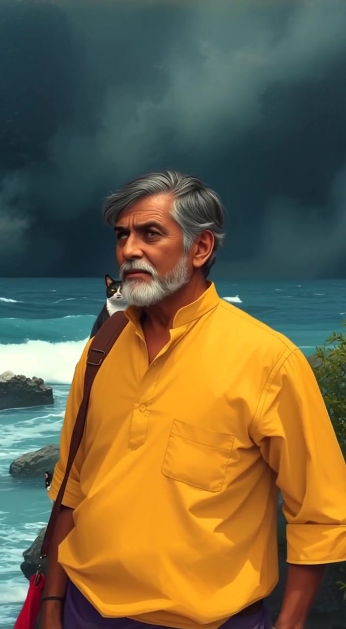 The narrator stands on the shore, watching waves crash as dark clouds gather in the stormy sky.