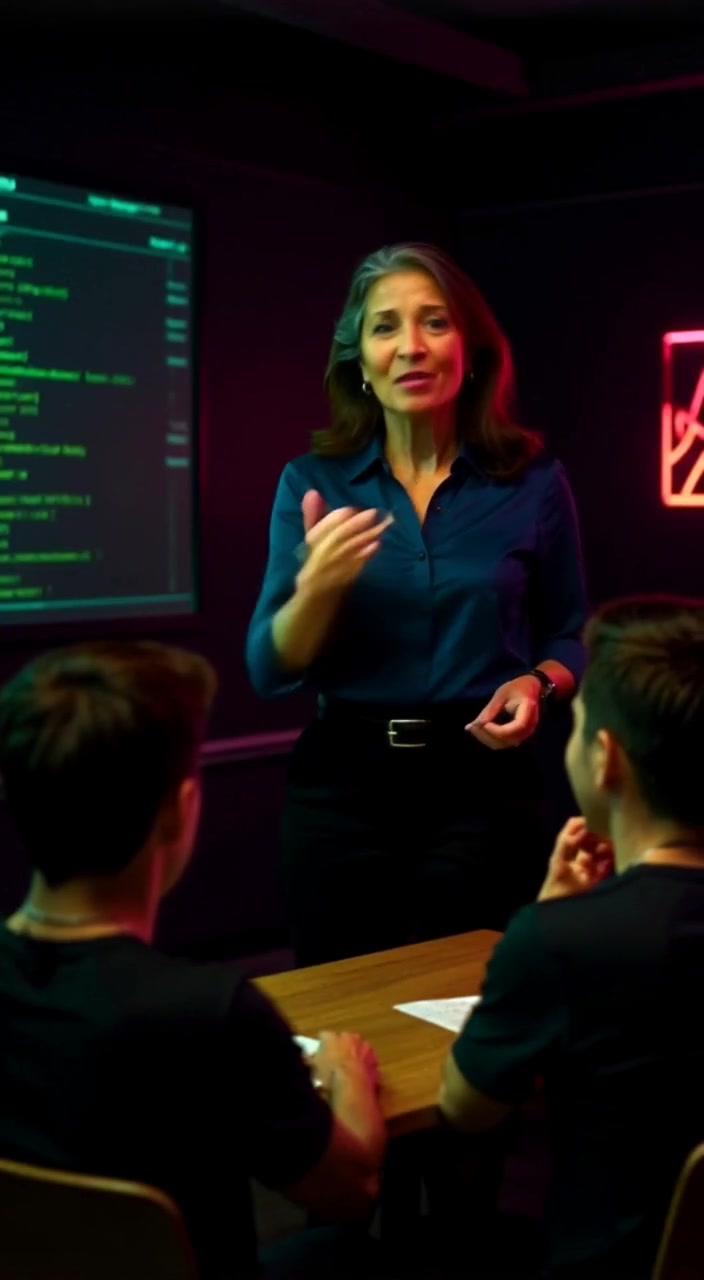 The woman gestures warmly, encouraging students to share their thoughts in a bright, bustling classroom.