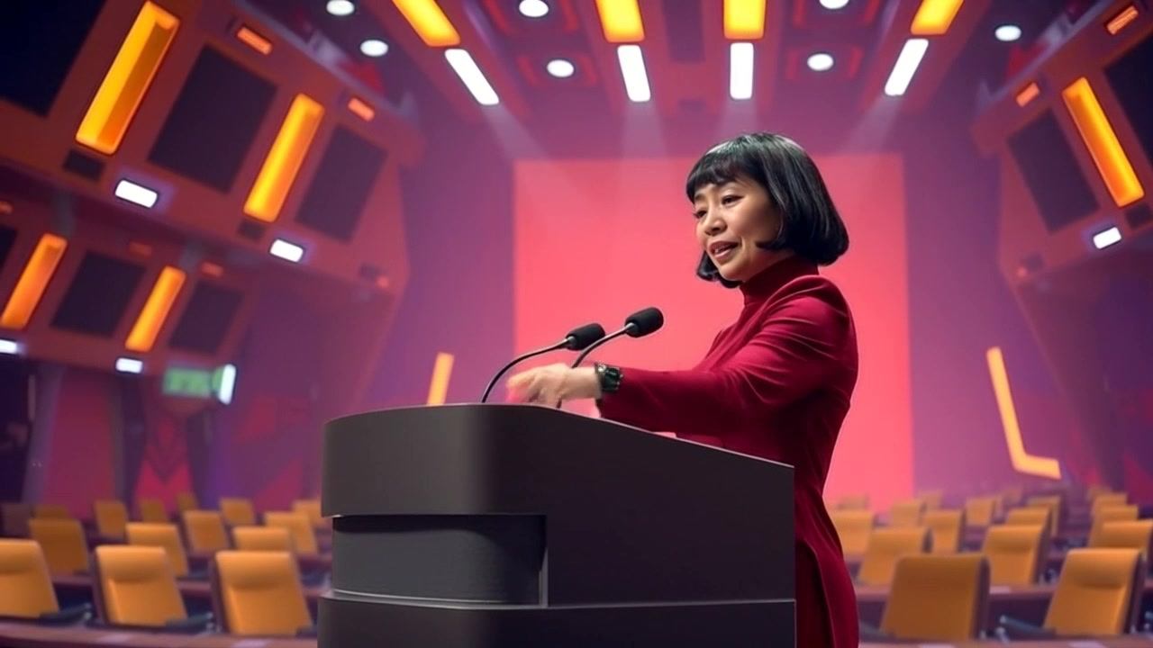 The Moderator confidently adjusts the microphone as they prepare to address the crowded conference room. The camera smoothly dollies in to focus on their poised demeanor behind the podium, capturing the anticipation in the air. Ambient lighting creates a professional and engaging atmosphere.