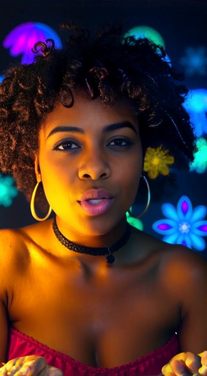 The woman gestures expressively while speaking to the camera, surrounded by glowing, colorful lights.