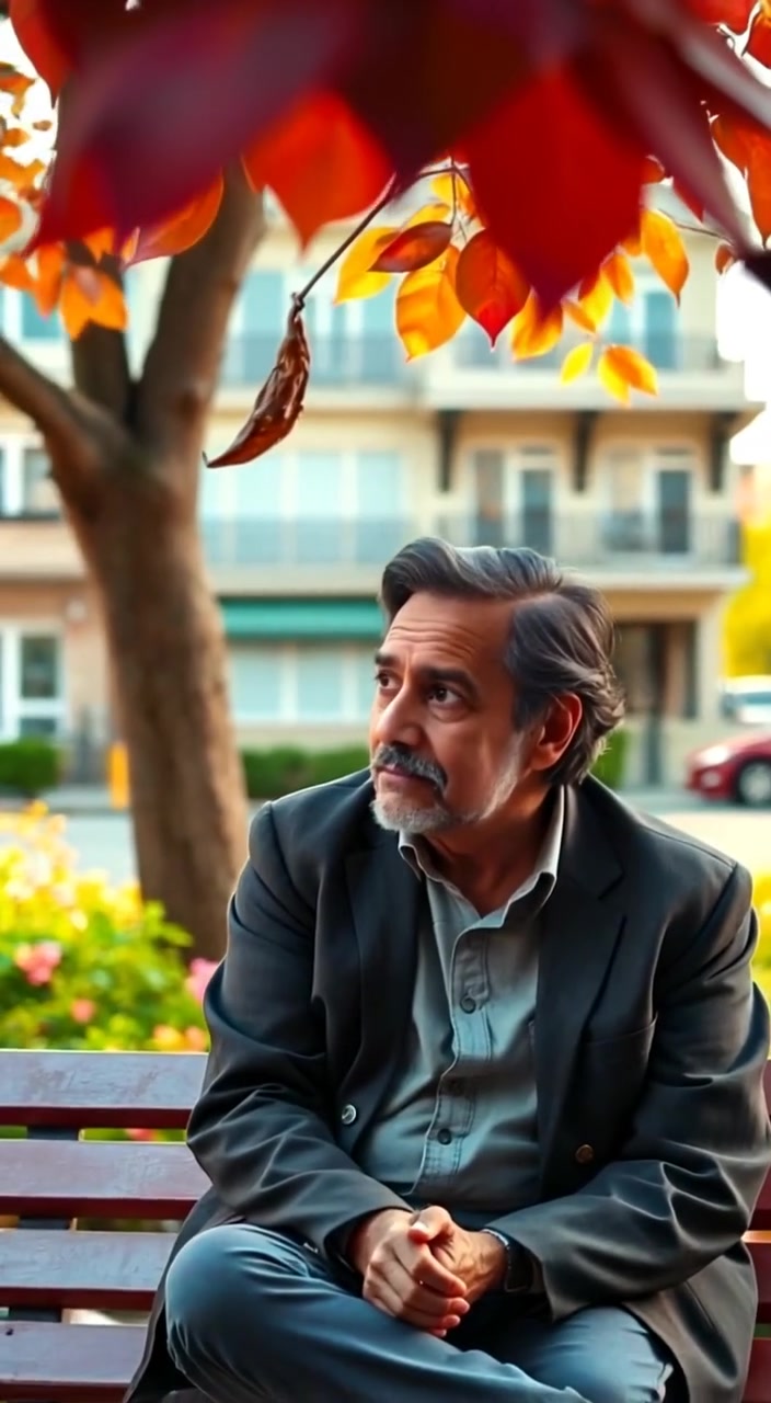 The man gently observes a leaf falling from the tree, his expression thoughtful and serene on the sunlit bench.